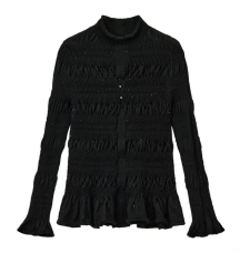 French retro elastic pleated sequined knitted top with slim design and small sequined knitted black