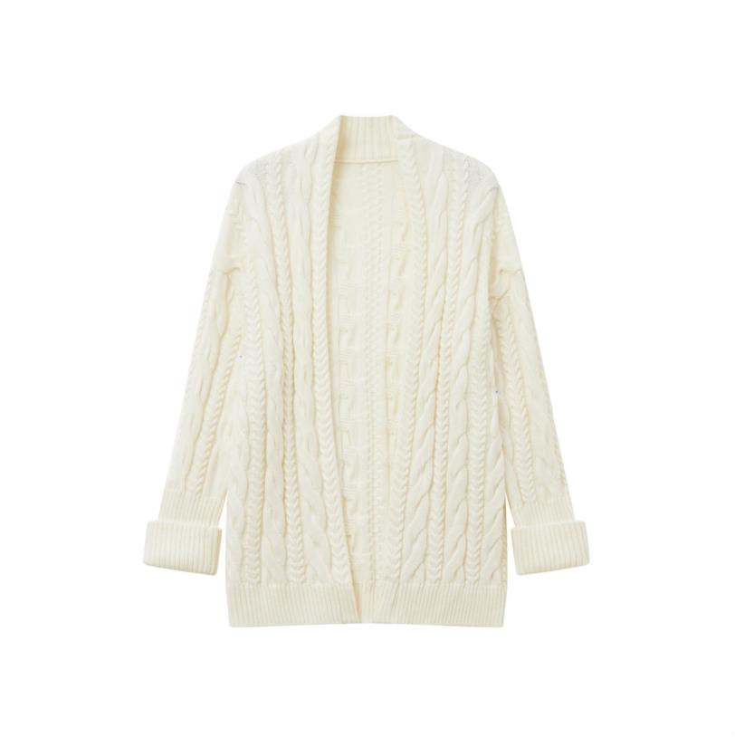 H Tension thick-knit wool loose cardigan Thick-knit cable texture traditional knitted jacket milky white