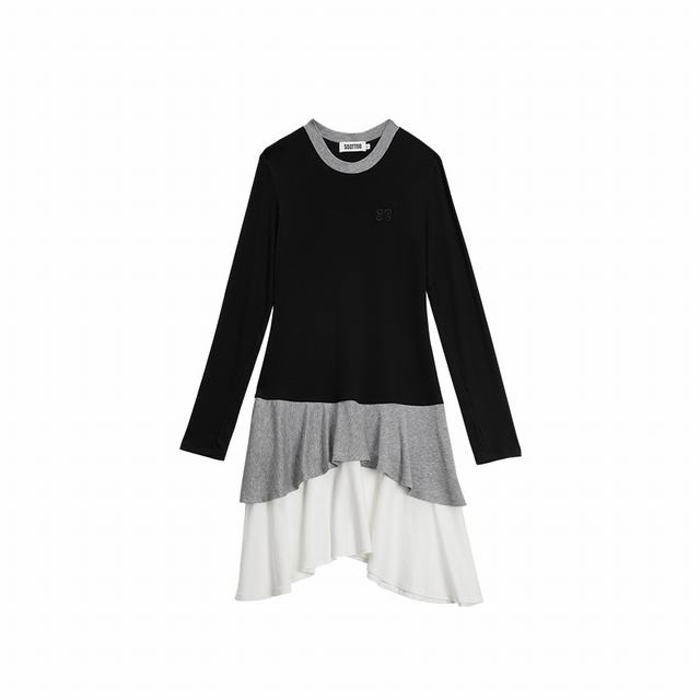 Tencel wool contrast layered ruffle dress black and gray
