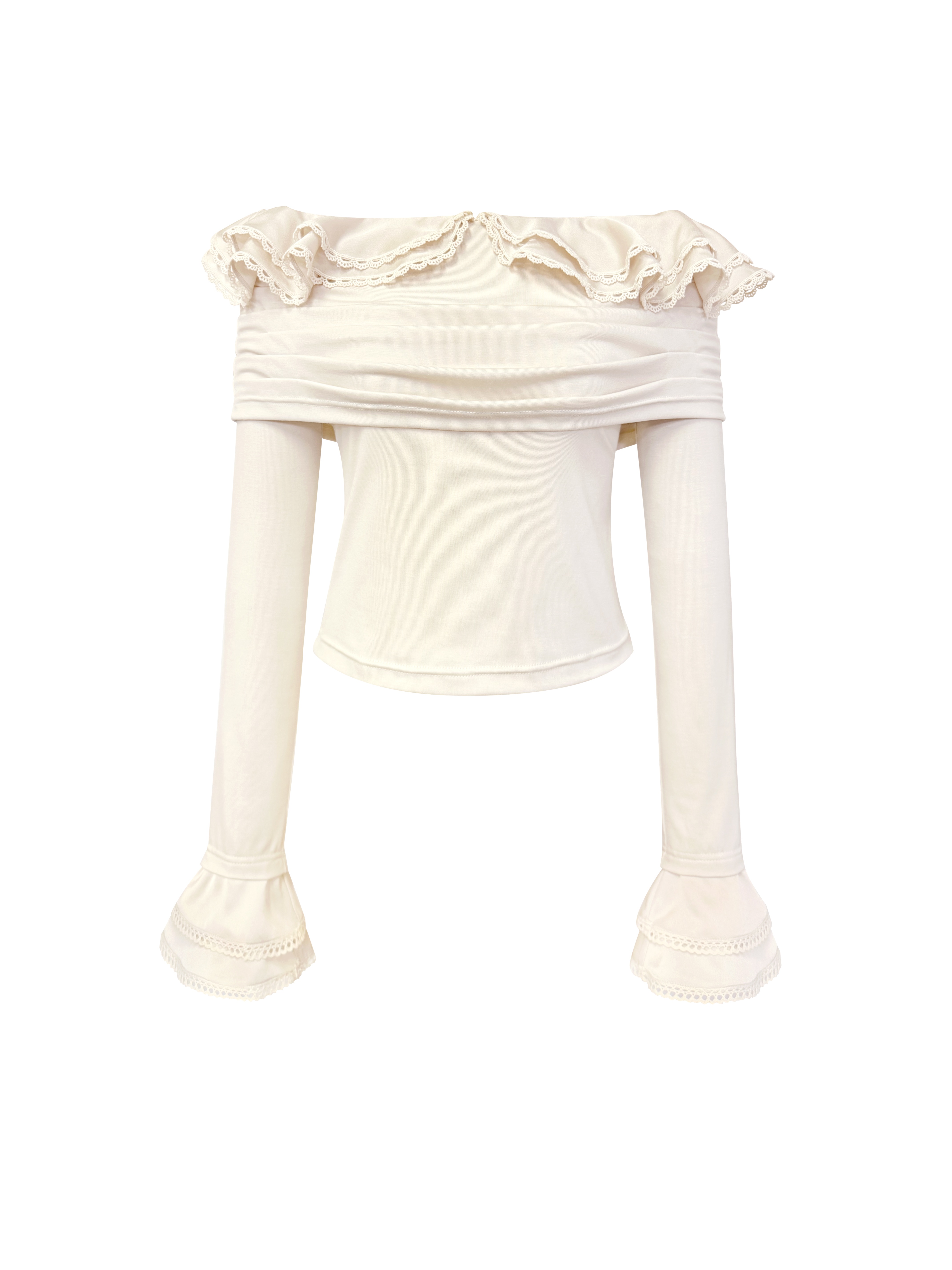 Apricot ruffle lace
Multi-layered pleats
shoulder top